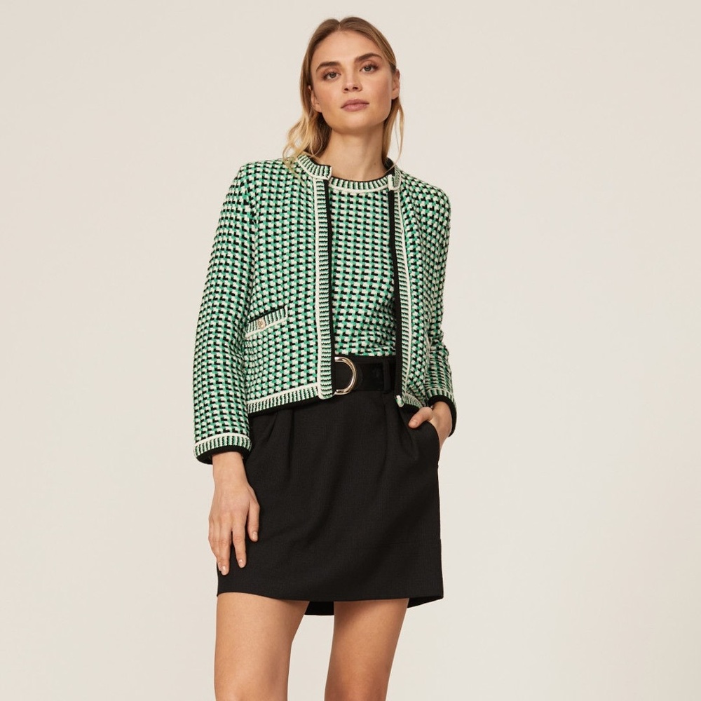 Maje Black and Green Checkered Short Sleeve Top - Picture 2 of 12